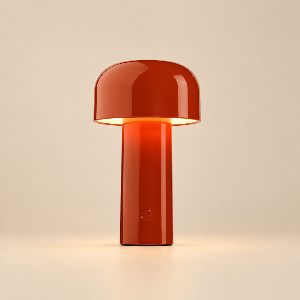 Glossy red mushroom-shaped lamp glowing under its shade on a cream background, button visible on the stem 29