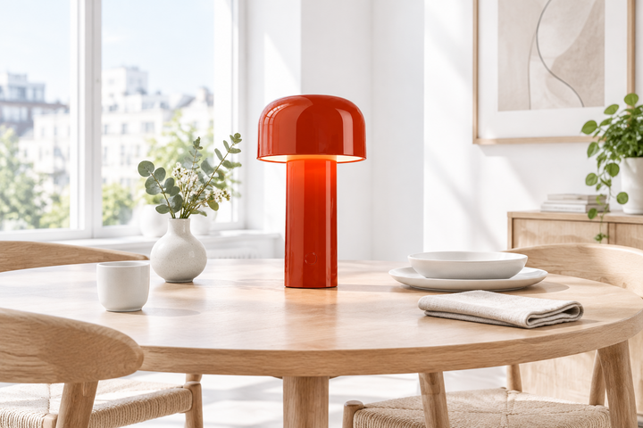 Glowing red mushroom lamp on a round wooden dining table beside a vase and plates 1
