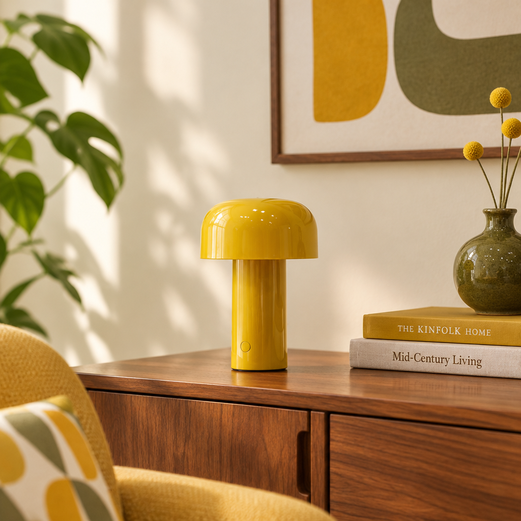 Glossy yellow mushroom lamp on a walnut sideboard beside books, a vase and a yellow armchair 1