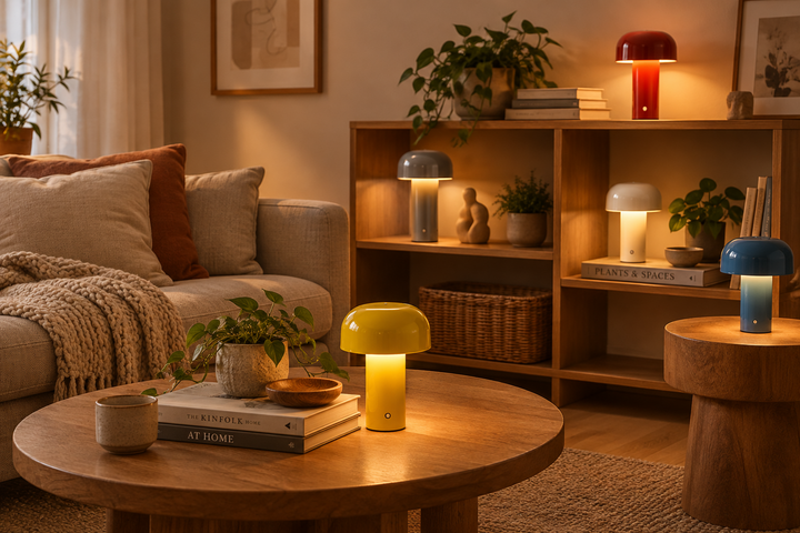 Glowing mushroom-shaped lamps in yellow, grey, cream, red and blue in a cosy living room 1