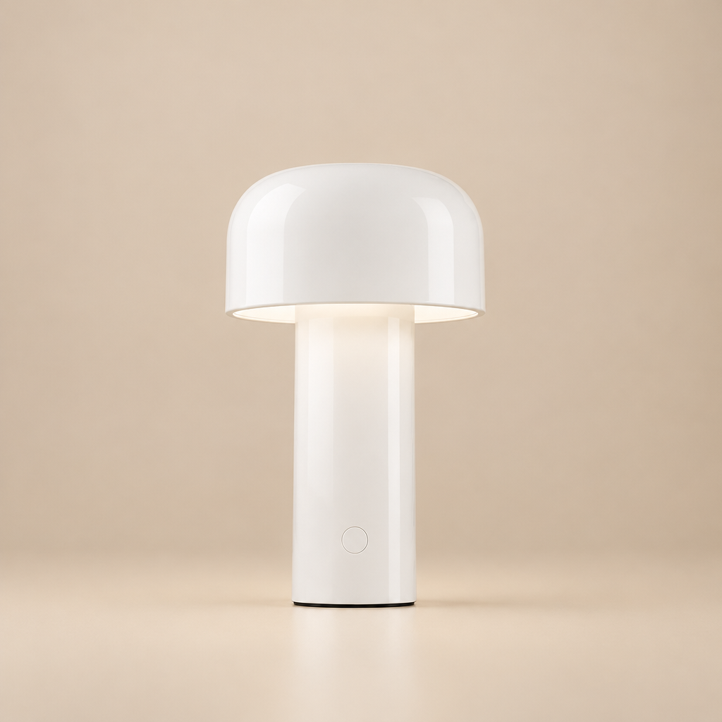 Glossy white mushroom-shaped lamp lit softly against a beige backdrop, with a round button on the base 28