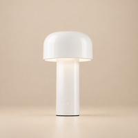 Glossy white mushroom-shaped lamp lit softly against a beige backdrop, with a round button on the base 28