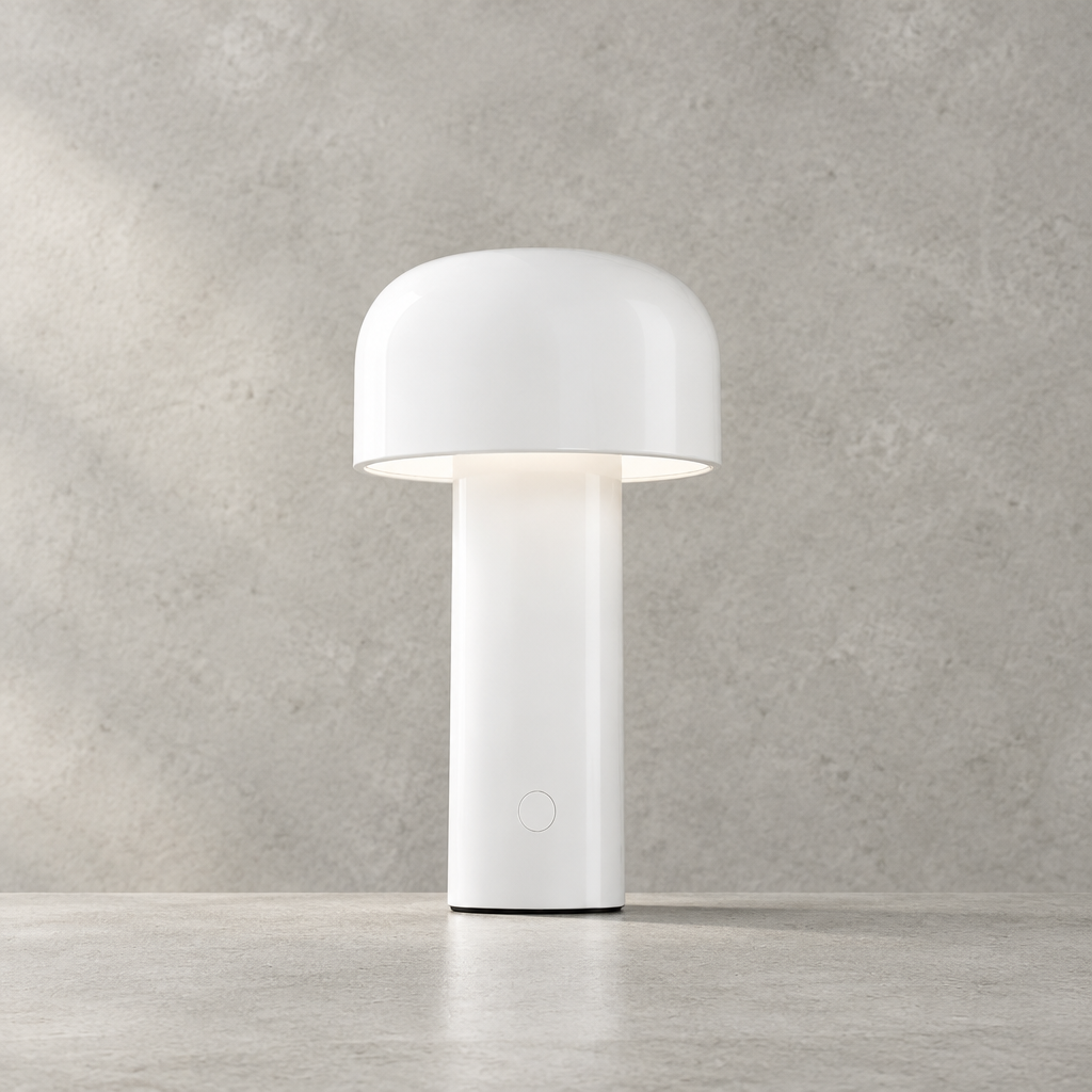 Glossy white lamp lit on a concrete-effect surface, touch button visible on the base 28