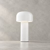Glossy white lamp lit on a concrete-effect surface, touch button visible on the base 28