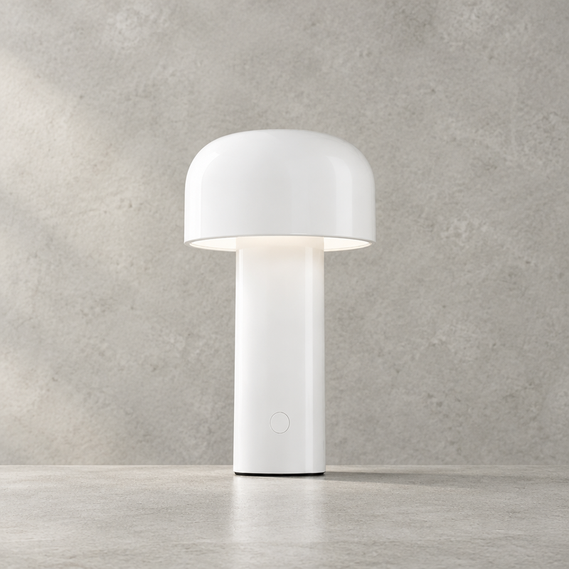Glossy white lamp lit on a concrete-effect surface, touch button visible on the base 28