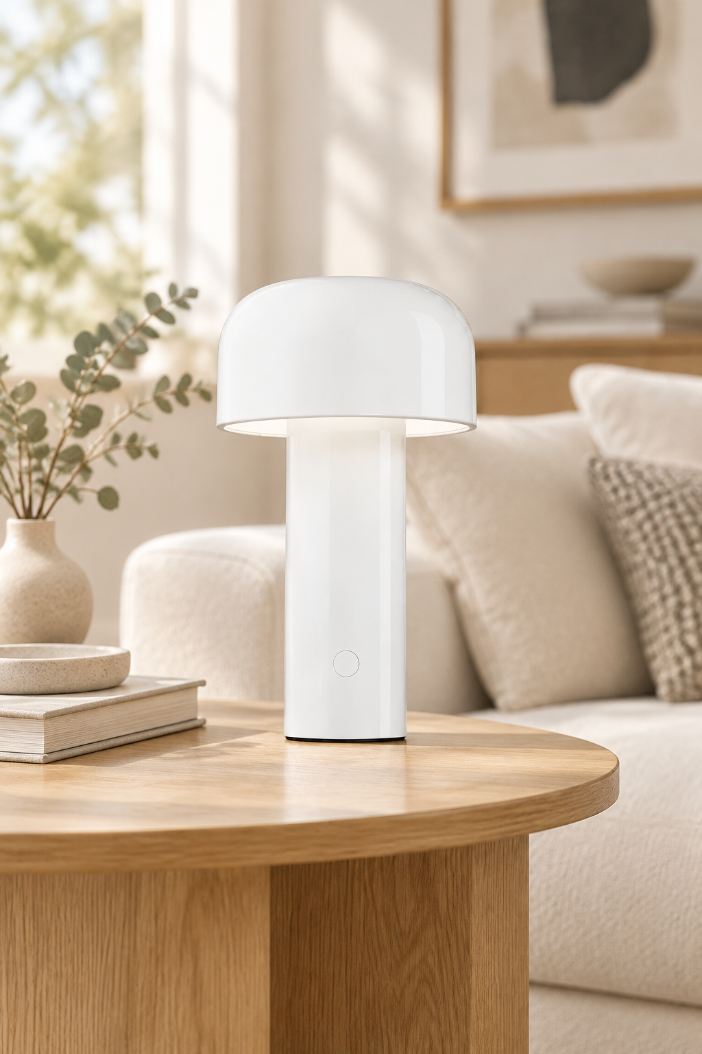 Glossy white mushroom lamp with a round power button, on a wooden coffee table in a bright living room 28