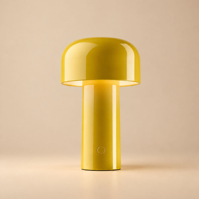 Glossy yellow mushroom-shaped lamp lit up on a soft beige background, showing the round switch 31