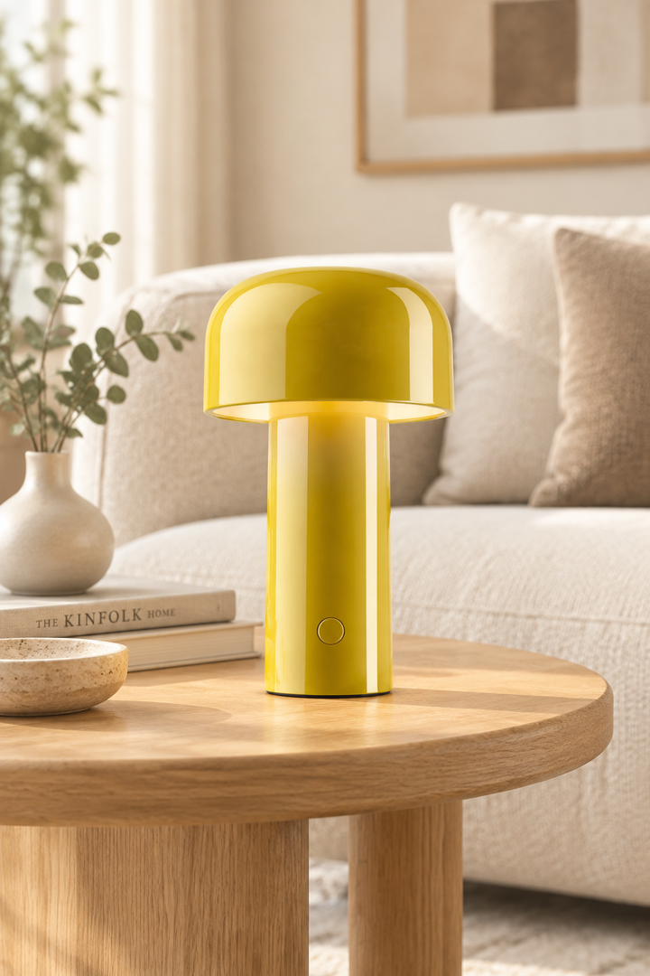 Glossy yellow mushroom lamp with a front button, on a round wooden table beside a cream sofa 29