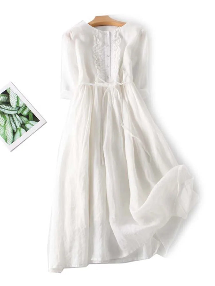 Light Linen Dress with Pleat Detail - Sofia-White-M-State of Style