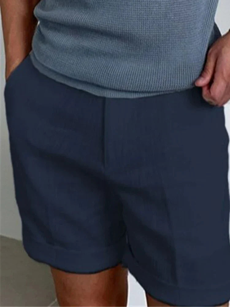 Light men's summer shorts made of linen with a relaxed fit - Jorin-Dark blue-S-State of Style