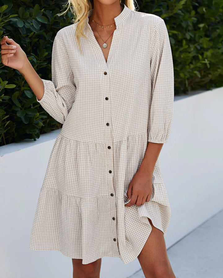 Light summer dress for women made of cotton with V-neck – Nayana-Khaki-S-State of Style