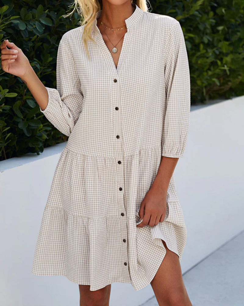 Light summer dress for women made of cotton with V-neck – Nayana-Khaki-S-State of Style