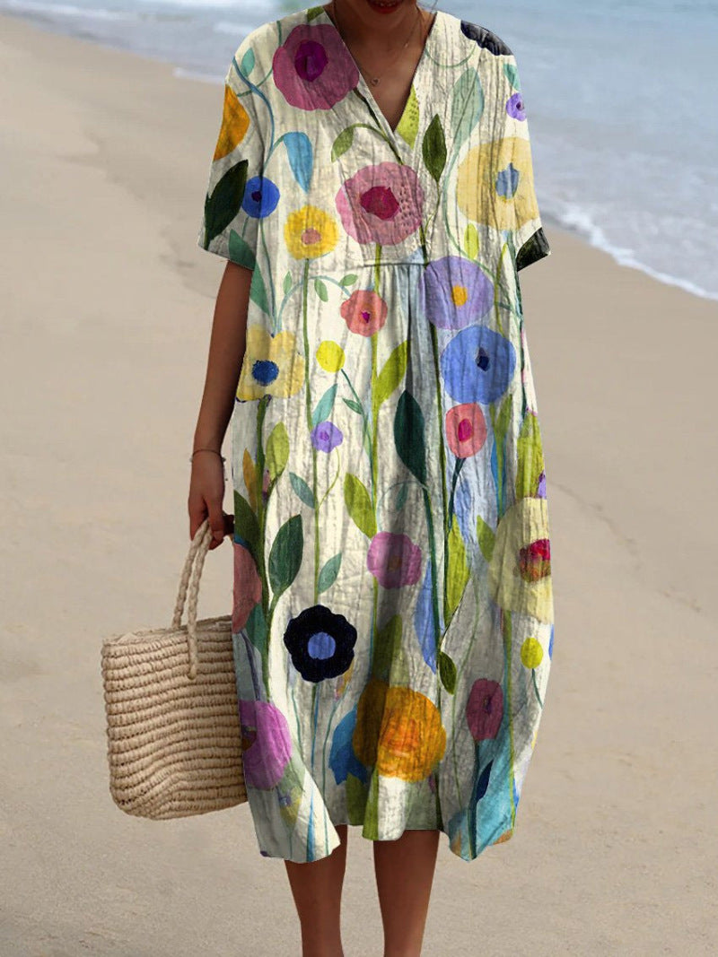 Light summer flower dress for women with V-neck and comfortable cut – Talia-Flowers-S-State of Style
