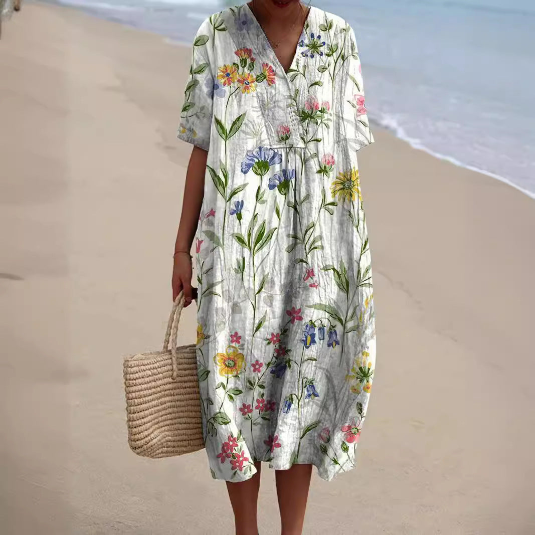 Light summer flower dress for women with V-neck and comfortable cut – Talia-White-S-State of Style
