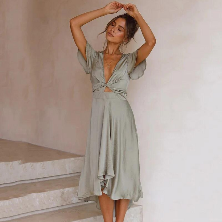 Light summer midi dress with V-neck – Lina-Light green-S-State of Style