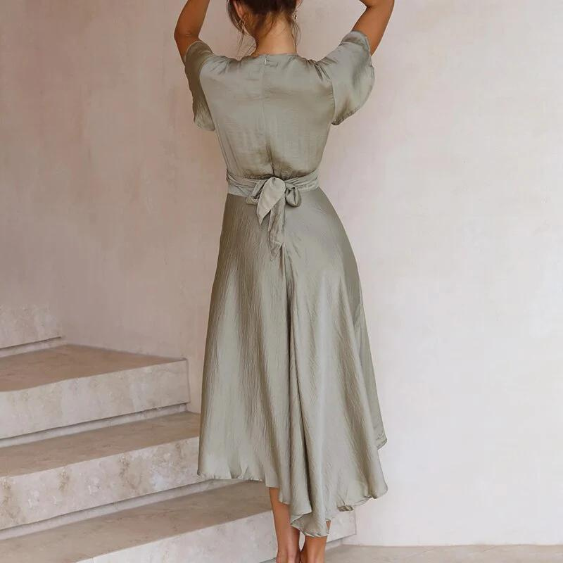 Light summer midi dress with V-neck – Lina-Orange-S-State of Style