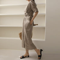 Lightweight Khaki Summer Dress with Adjustable Waist – Isalie-XS-State of Style