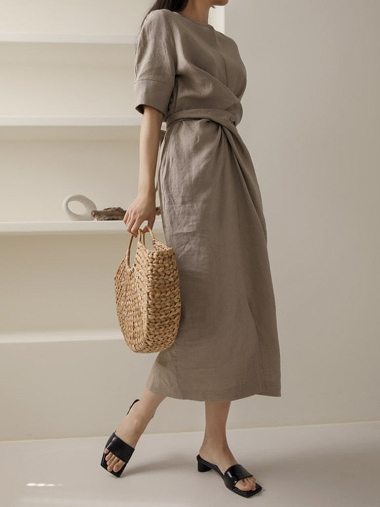 Lightweight Khaki Summer Dress with Adjustable Waist – Isalie-XS-State of Style