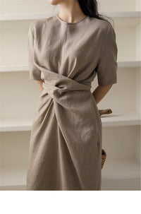 Lightweight Khaki Summer Dress with Adjustable Waist – Isalie-XS-State of Style