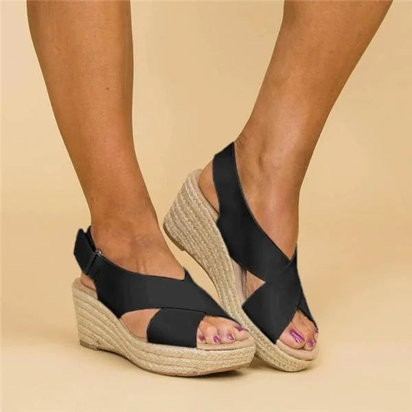 Lina - Orthopedische Taupe Sleehak Espadrilles-Zwart-35-State of Style