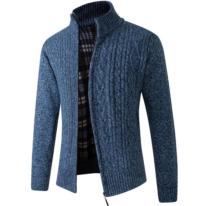 Lined Knitted Zip-Up Jacket for Men - Victor-Patterned Blue-M-State of Style