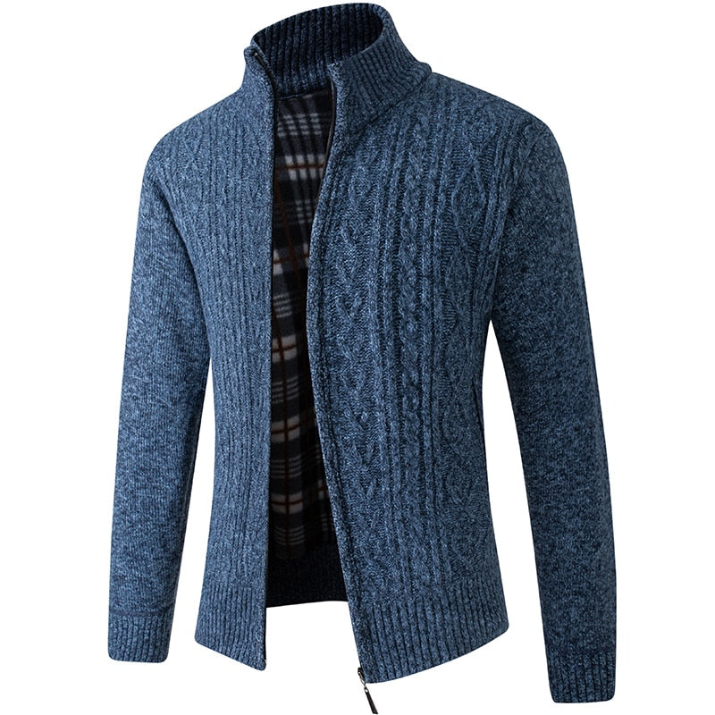 Lined Knitted Zip-Up Jacket for Men - Victor-Patterned Blue-M-State of Style
