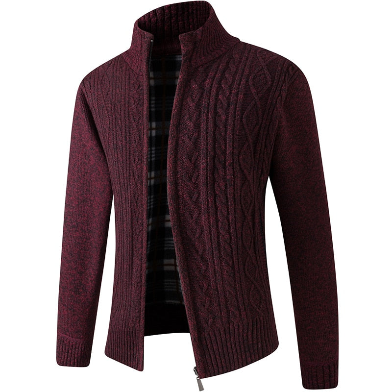 Lined Knitted Zip-Up Jacket for Men - Victor-Patterned Red-M-State of Style