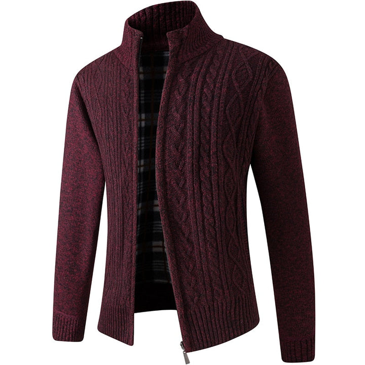 Lined Knitted Zip-Up Jacket for Men - Victor-Patterned Red-M-State of Style