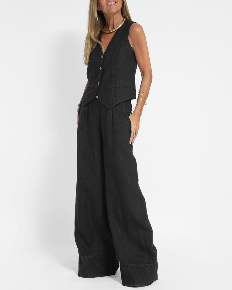Linen 2-Piece Set with Wide Trousers and Jacket – Alma-Black-S-State of Style