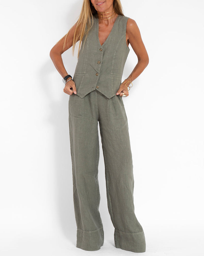 Linen 2-Piece Set with Wide Trousers and Jacket – Alma-Dark grey-S-State of Style