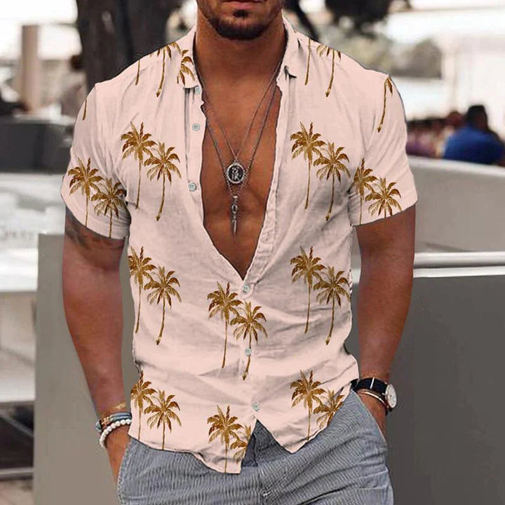 Linen Men's Shirt with Short Sleeves – Matteo-Beige-S-State of Style