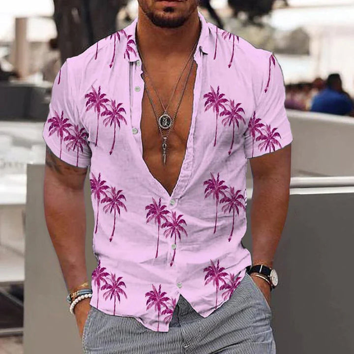 Linen Men's Shirt with Short Sleeves – Matteo-Pink-S-State of Style