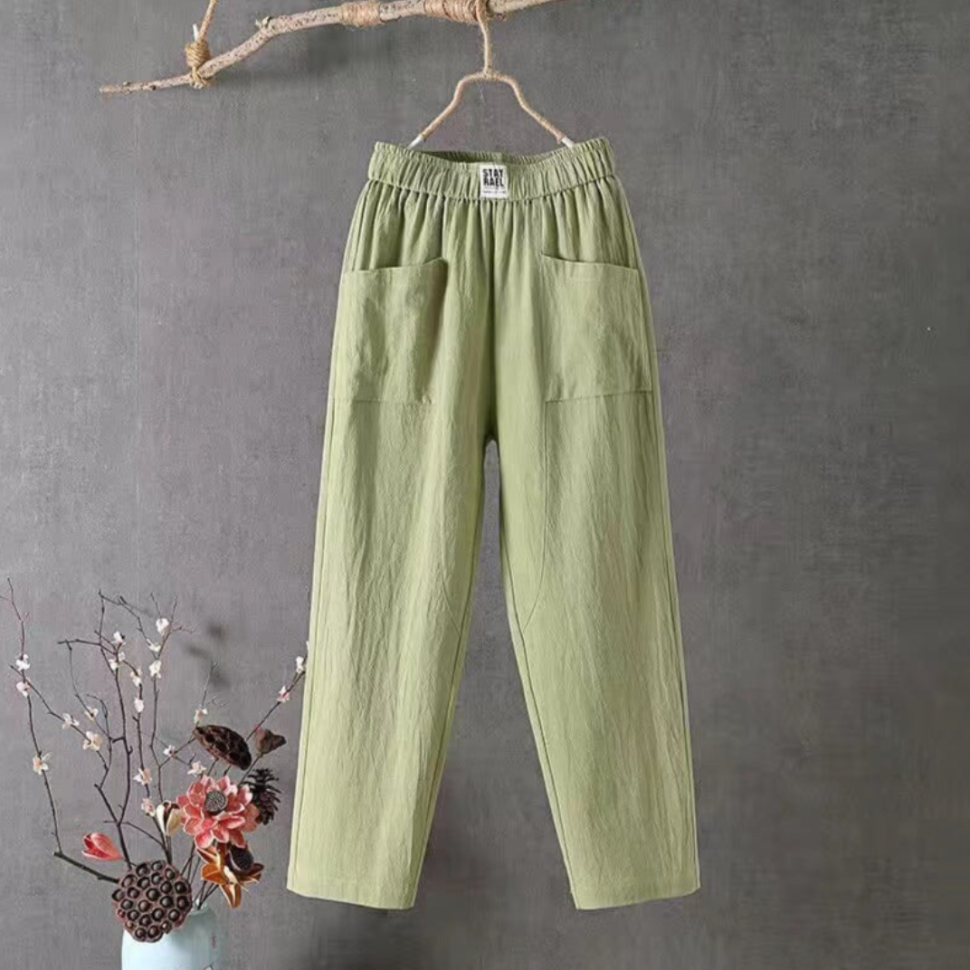 Linen Trousers with Elastic Waist - Livia-Green-S-State of Style