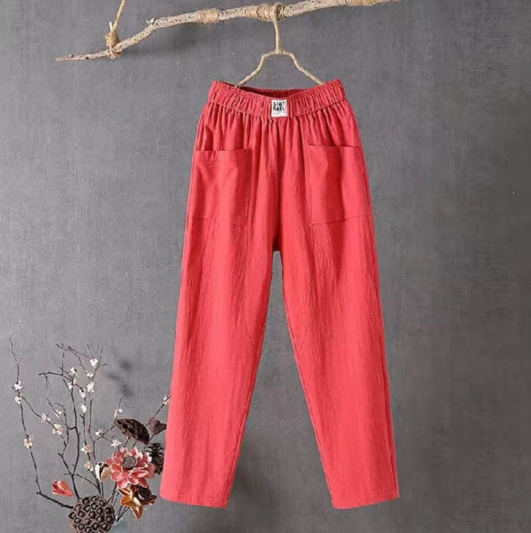 Linen Trousers with Elastic Waist - Livia-Red-S-State of Style