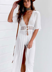 Long Beach Dress with Lace Detail and Bow Closure – Elara-White-XS-State of Style