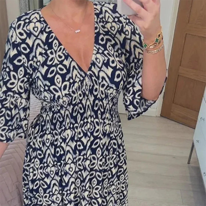 Long Floral Dress with V-neck – Liora-S-Dark blue-State of Style
