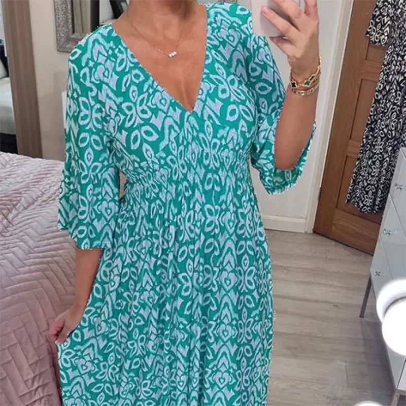 Long Floral Dress with V-neck – Liora-S-Light blue-State of Style