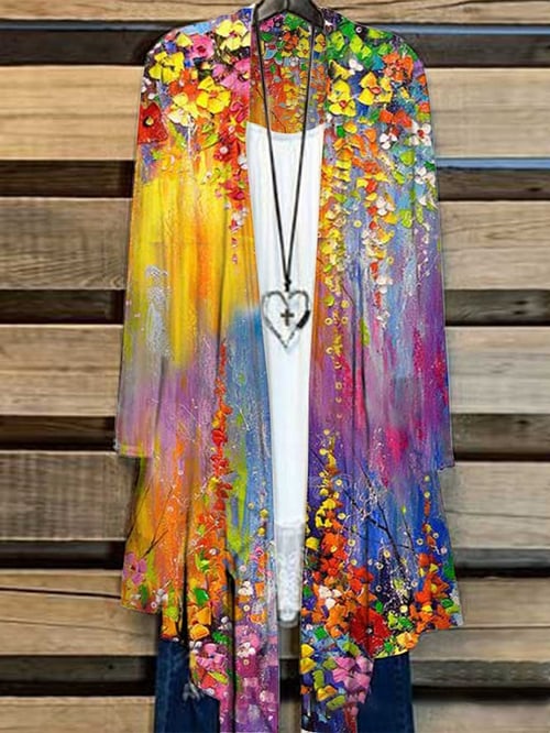 Long Ladies Cardigan with Floral Print – Liva-Yellow-S-State of Style