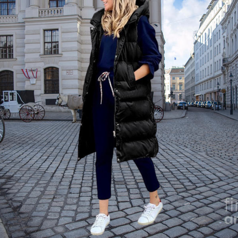 Long Quilted Bodywarmer with Hood and Pockets - Taylor-Black-S-State of Style