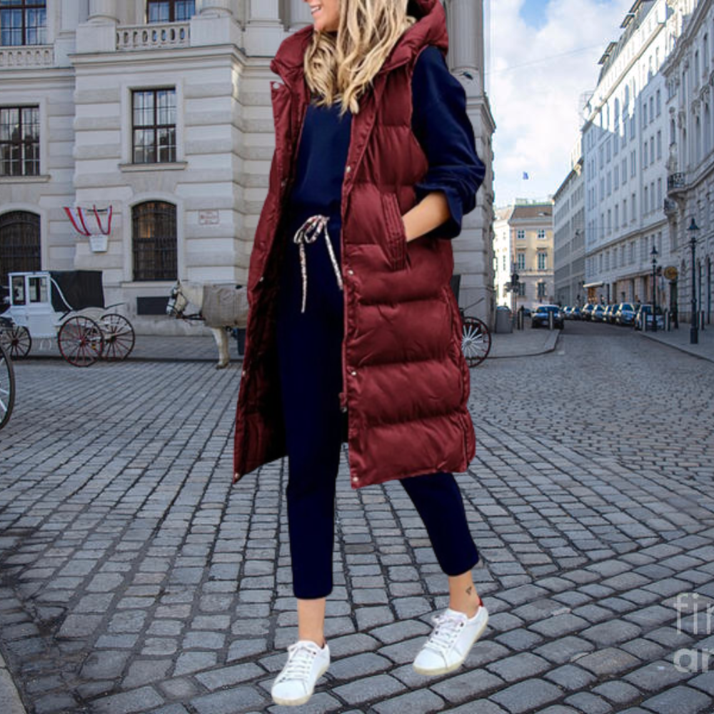 Long Quilted Bodywarmer with Hood and Pockets - Taylor-Burgundy-S-State of Style
