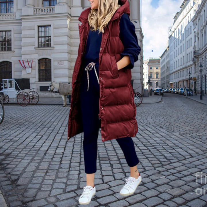 Long Quilted Bodywarmer with Hood and Pockets - Taylor-Burgundy-S-State of Style