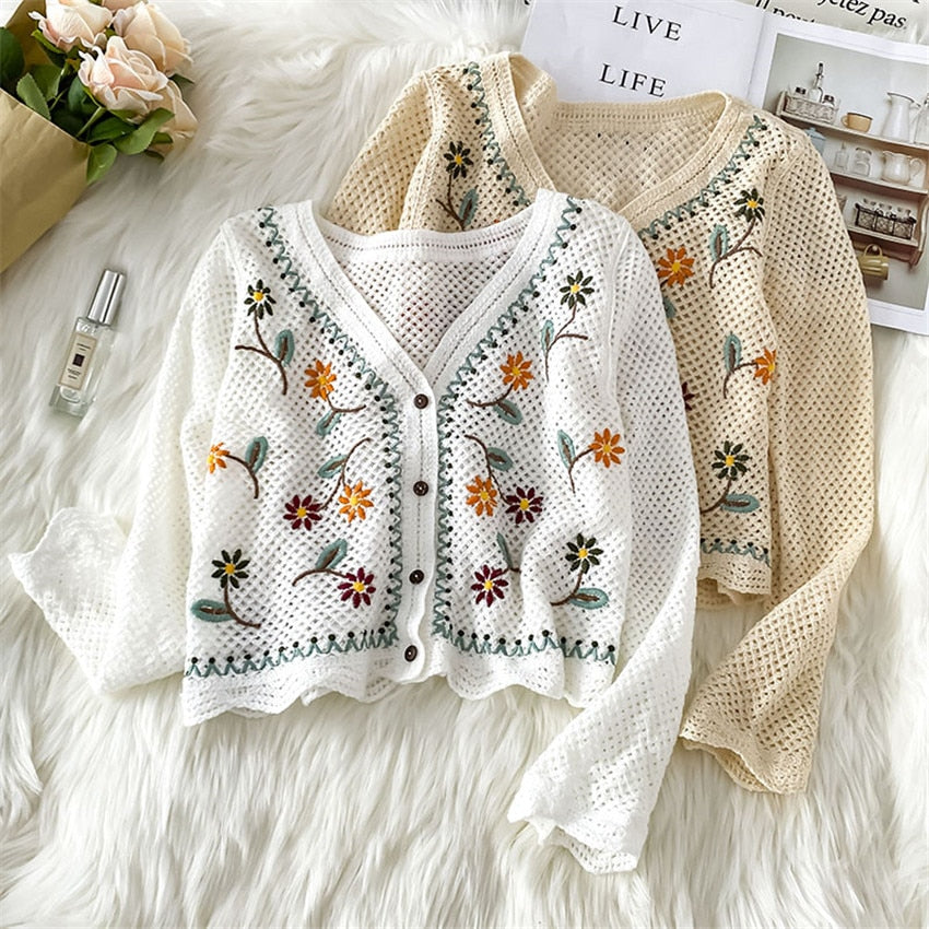 Long Sleeve Floral Cardigan | Elegant Lightweight Knitwear-White-One size fits all-State of Style