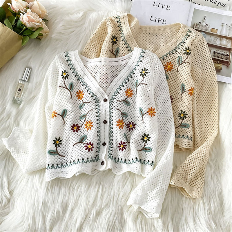 Long Sleeve Floral Cardigan | Elegant Lightweight Knitwear-White-One size fits all-State of Style