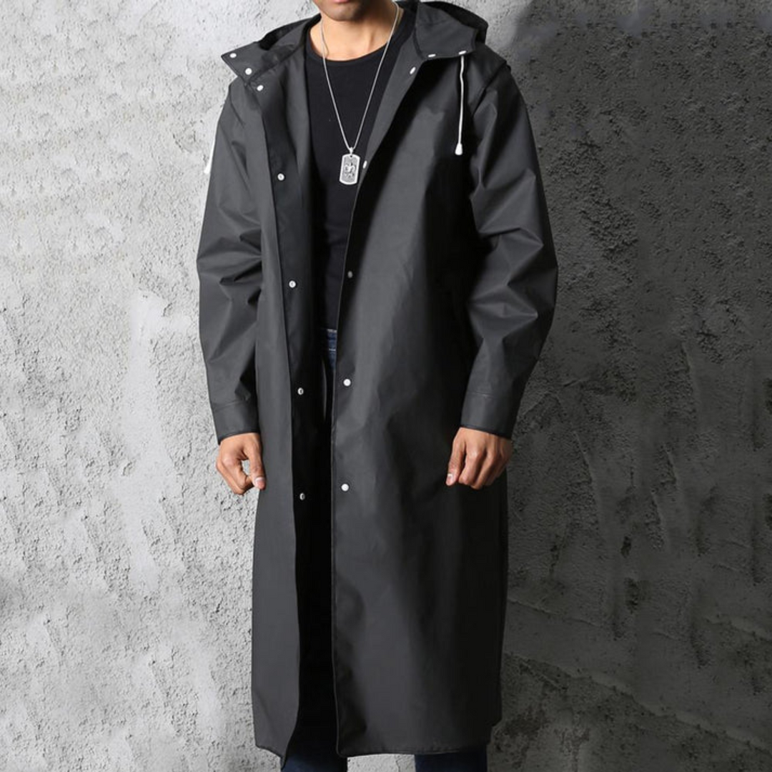 Long Waterproof Men's Raincoat with Hood - Titan-Black-S-State of Style