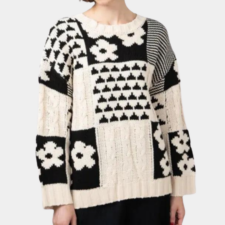 Loose Falling Knitted Ladies Sweater with Floral Print - Lilou-XS-State of Style