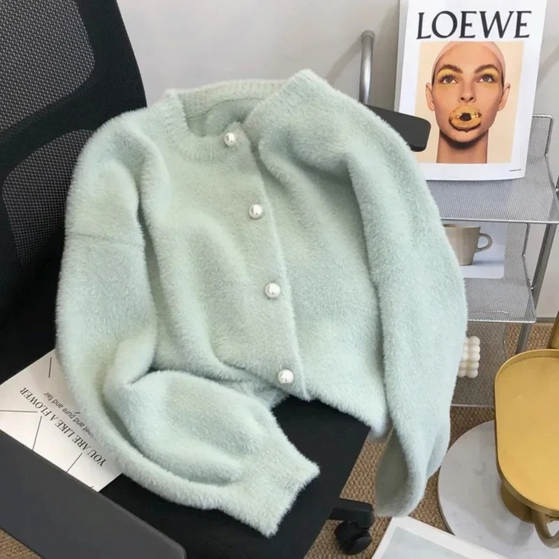 Loose Knit Women's Cardigan with Round Neck - Sophie-Green-S-State of Style