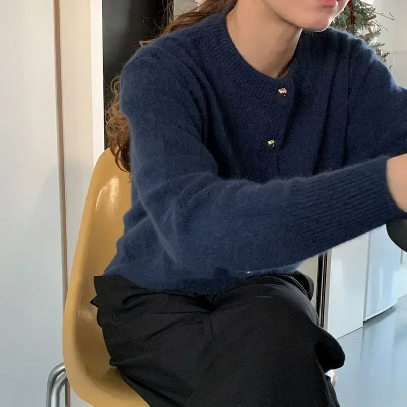 Loose Knit Women's Cardigan with Round Neck - Sophie-Navy Blue-S-State of Style