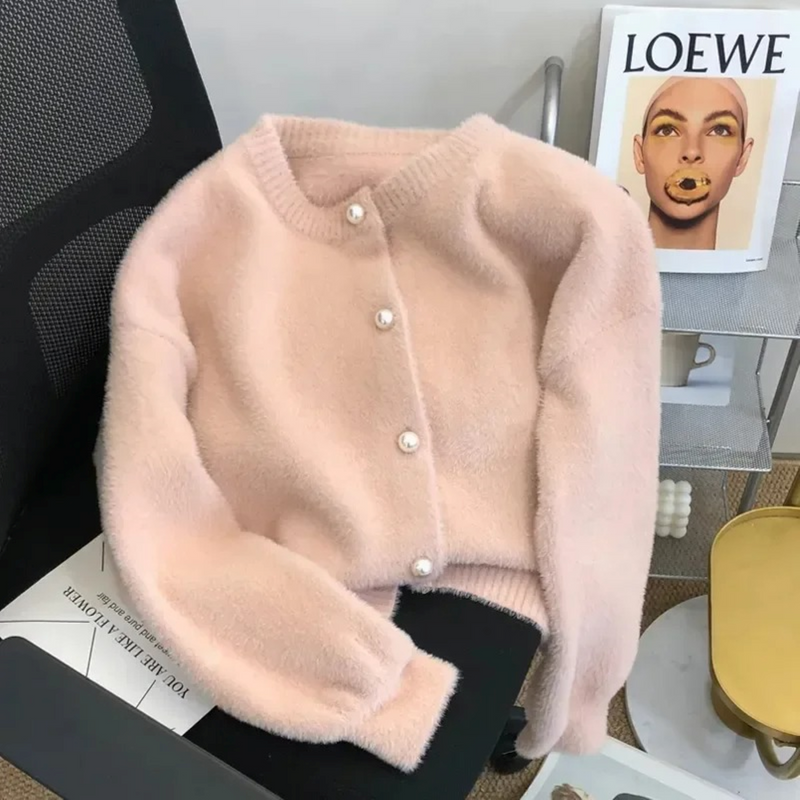 Loose Knit Women's Cardigan with Round Neck - Sophie-Pink-S-State of Style