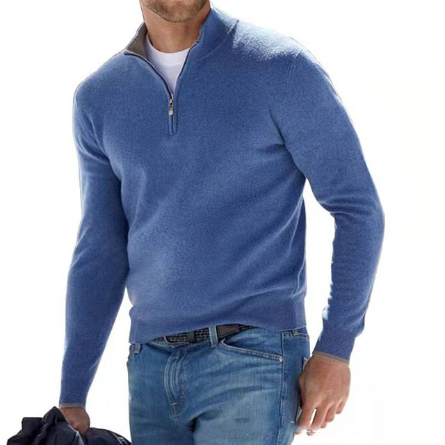 Luca Belloni Merino V-Neck Jumper with Zip-Blue-S-State of Style