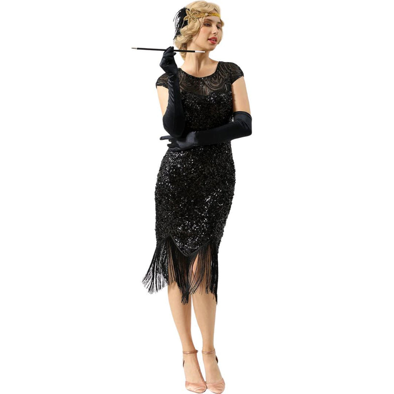 Luisa 1920s Sequin and Fringe Dress | Glamorous Vintage Style-Black-S-State of Style